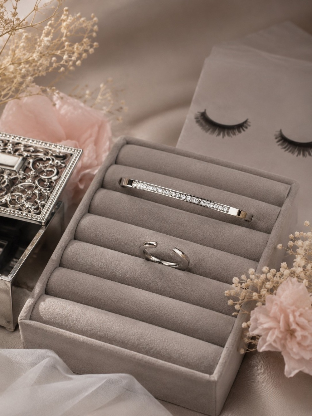 Silver Stainless Steel CZ Bar Bracelet Twisted Ring Set